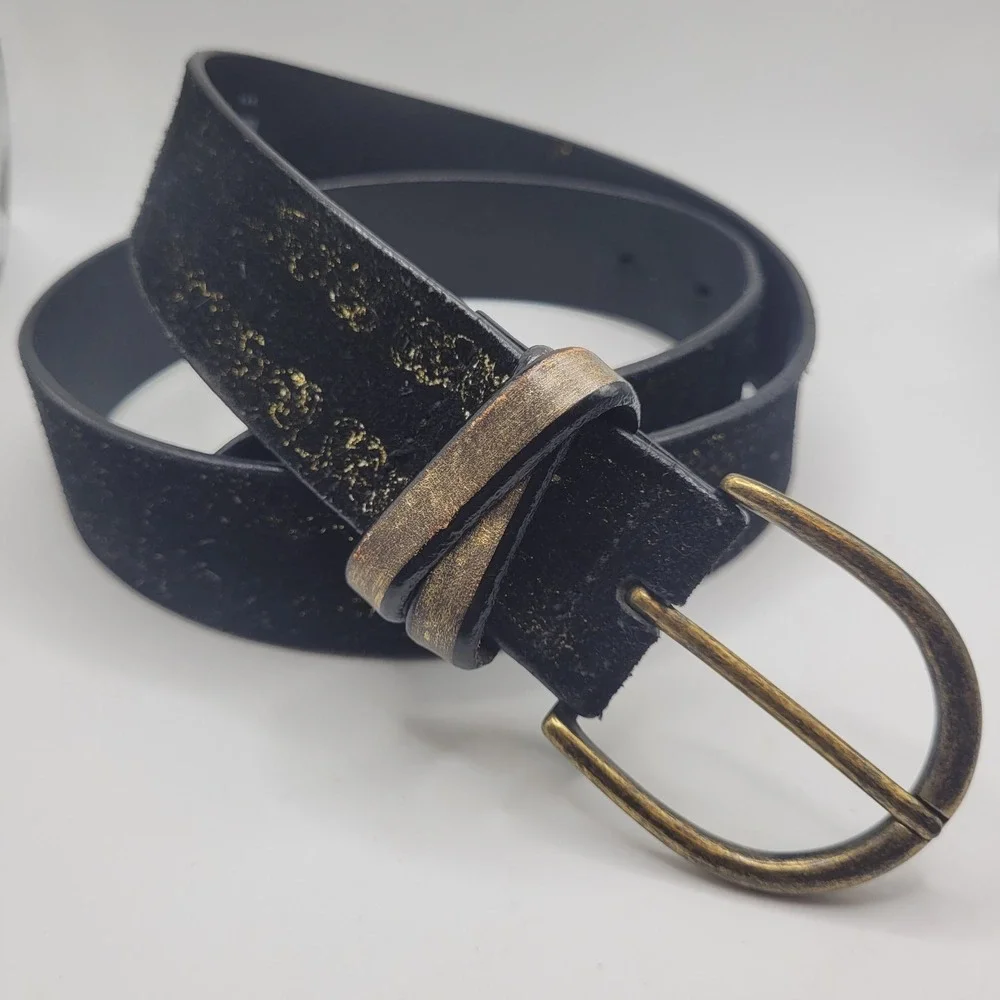 Vintage Gap Belt Small Black Suede Leather Gold Metallic Floral Antique Boho